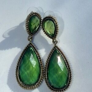 1960's Faceted Green Double Teardrop Jewel/Brass pierced earrings UV reactive